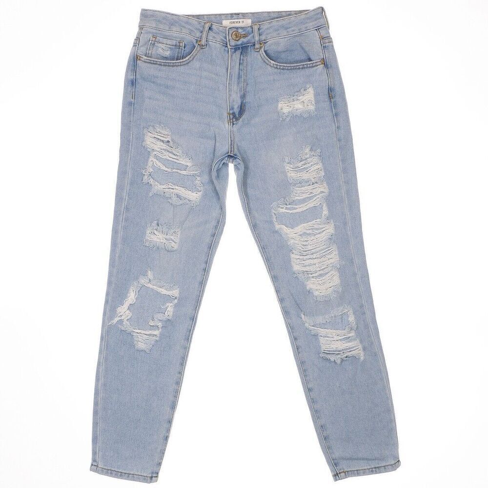 Forever 21 Jeans Womens 27 Destroyed Mom Light Blue Denim Cotton Measure 29 x 27